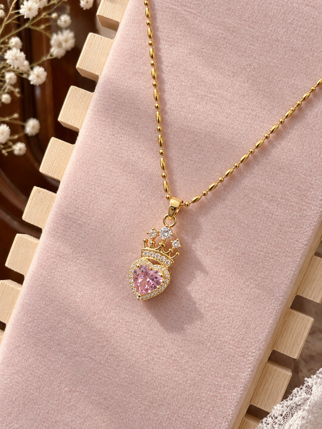 Royal Pink Heart Crown Necklace
