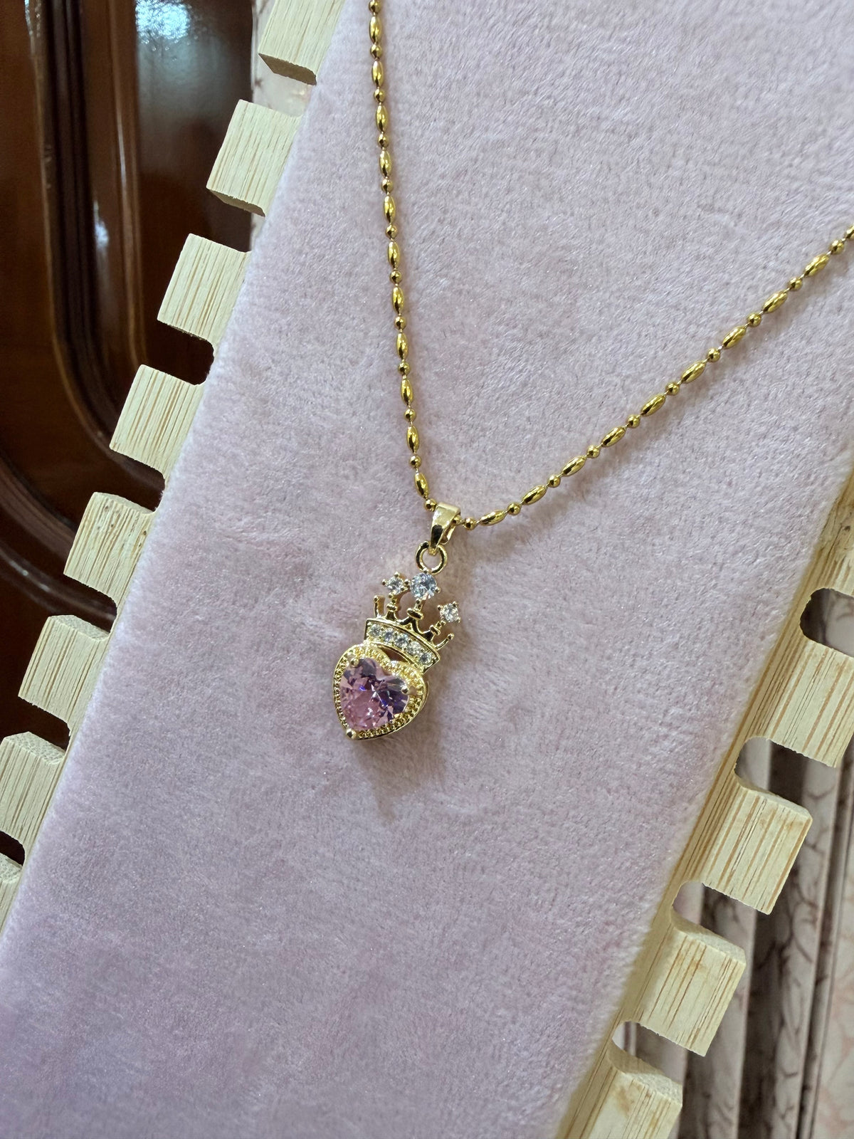 Royal Pink Heart Crown Necklace